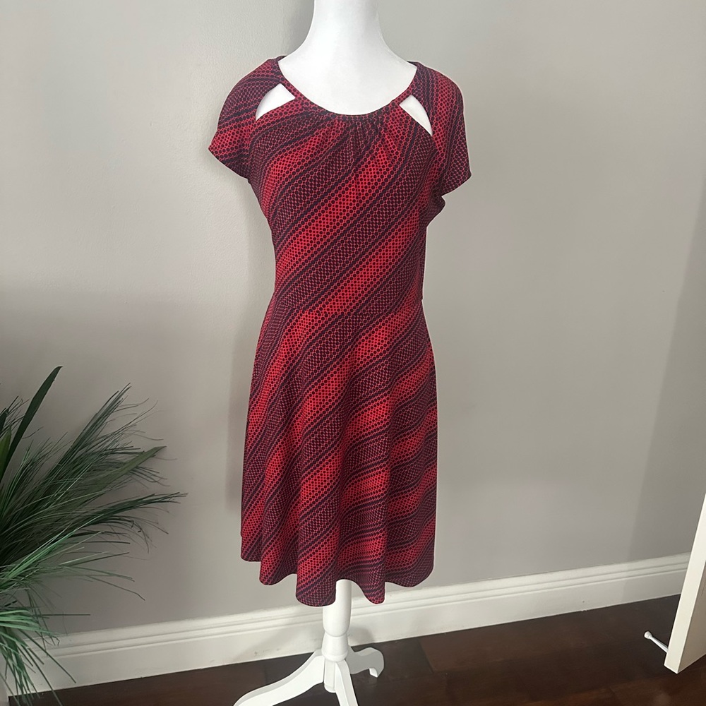 Michael Kors Red and Black Diagonal Stripe Midi Dress with Shoulder Cutouts